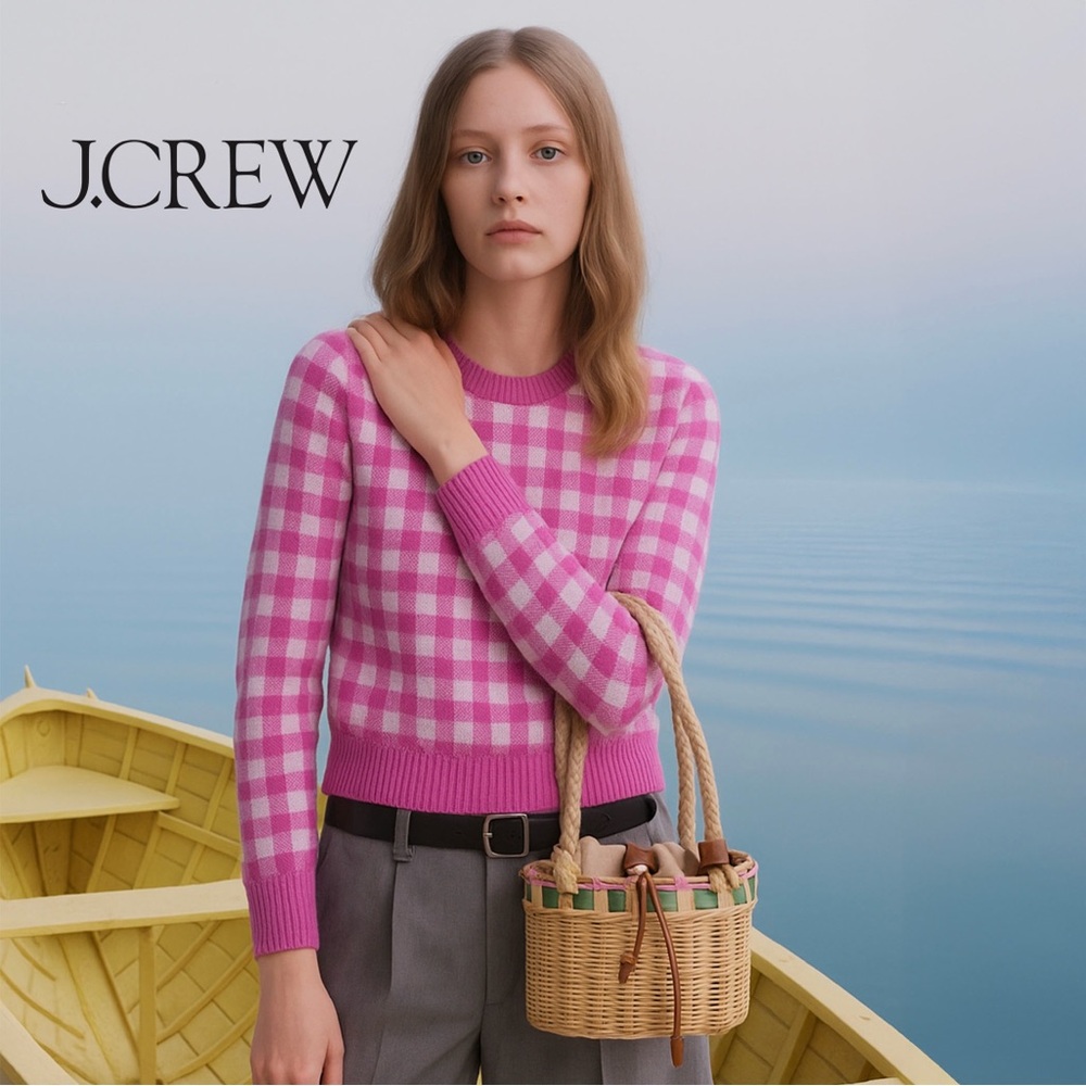 CASHMERE J. Crew Pink and White Gingham Crew Neck Sweater